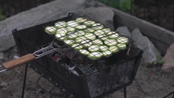 Een close-up. Zucchini, groenten, gebakken op de grill. Uitzicht van bovenaf — Stockvideo