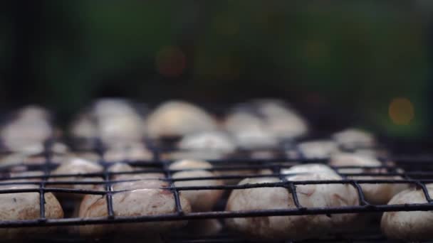 Cocinero prepara setas a la parrilla. Fiesta de barbacoa. Sabrosa comida a la parrilla. Macro. Barbacoa de champiñones asada sobre parrilla metálica. Barbacoa vegana de dieta. — Vídeos de Stock