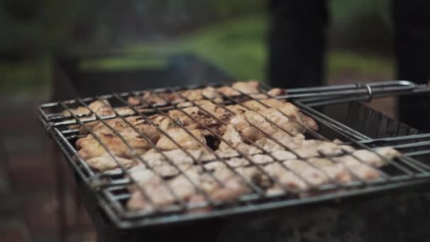 Op barbecue grill marinny vleugels, benen, worsten, vlees voor een feestje op straat — Stockvideo