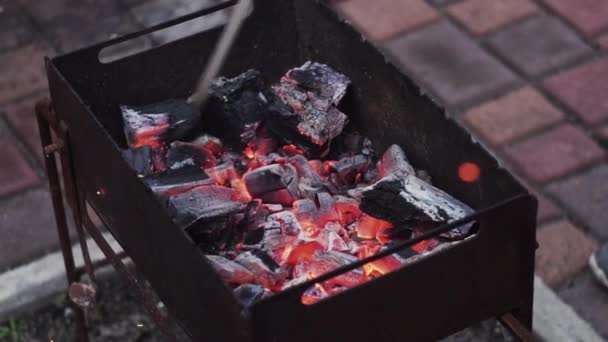 Кочергу переворачивают, перемещают, нагревают угли в огне, калечат, перед барбекю — стоковое видео