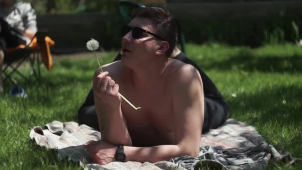 ผู้ชายในแว่นตากันแดดนอนหญ้า, ขยะ, พัดออกกระท่อมฤดูร้อนดอกแดนดิไลออน — วีดีโอสต็อก