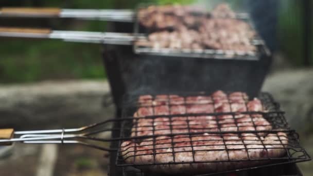 Salsichas grelhadas fritas e fumadas em grelhadores a carvão. Enchidos com casca natural. — Vídeo de Stock