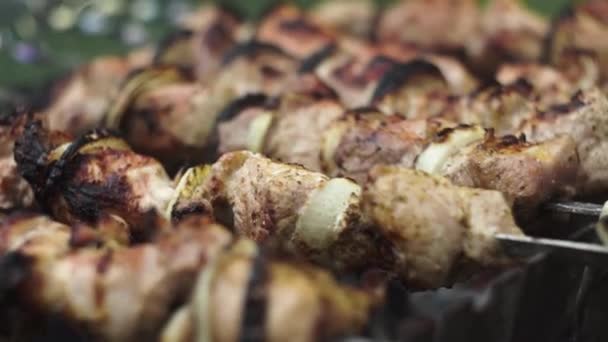 Close-up. Porco marinado, a carne frita-se em uma fogueira, churrasco, em espetos, carvão — Vídeo de Stock