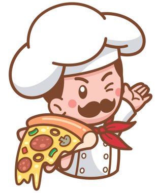 Vektör çizim karikatür Pizza chef gıda sunulması