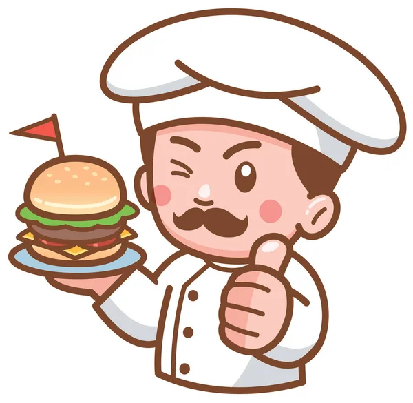 Ilustración Vectorial Del Chef Cartoon Burger Presentando Comida — Vector de stock