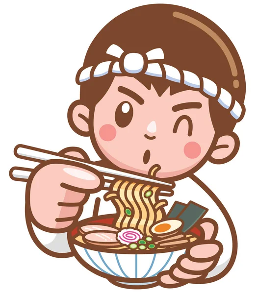 Vector Illustration Cartoon Chef Japanese Noodles Presenting Food — Stock Vector