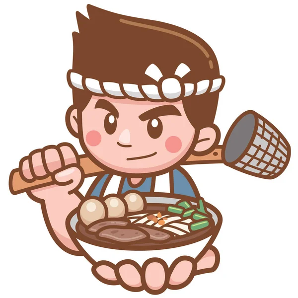 Vector Illustration Cartoon Chef Noodles Presenting Food — Stock Vector