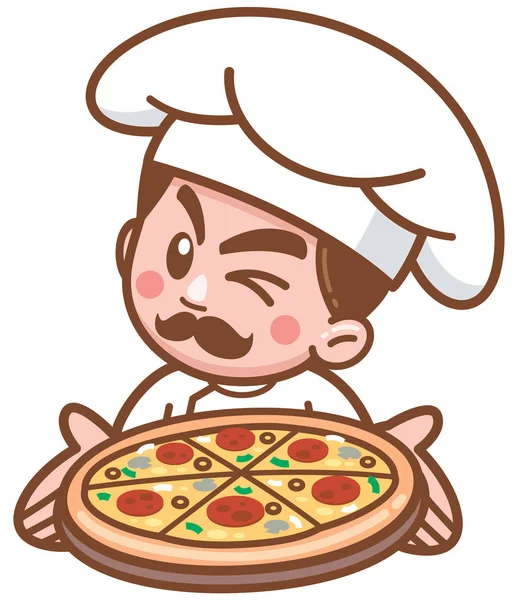 Ilustração Vetorial Chef Pizza Dos Desenhos Animados Apresentando Comida —  Vetores de Stock