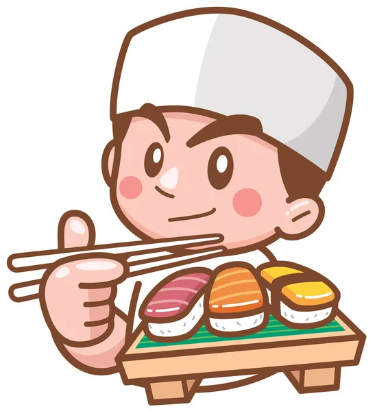 Ilustração Vetorial Dos Desenhos Animados Chef Japonês Apresentando Sushi Comida —  Vetores de Stock