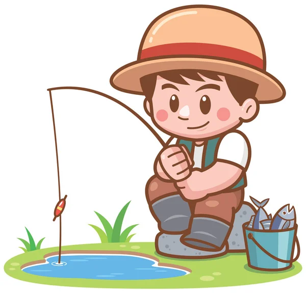 Vektor Ilustrasi Cartoon Boy Memancing - Stok Vektor