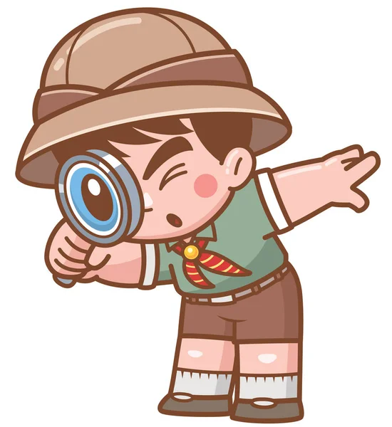 Ilustración Vectorial Safari Boy Con Lupa — Vector de stock