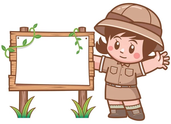 Vector Illustration Safari Girl Standing Wooden Board — Stock Vector