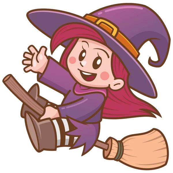 Vector Illustration Cartoon Witch Flying Broom — Stock Vector