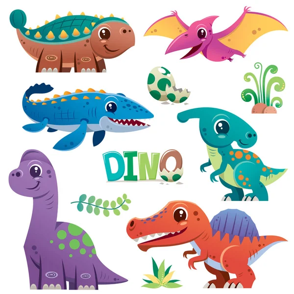 Vector Illustration Cartoon Dinosaur Character Set — Stock Vector