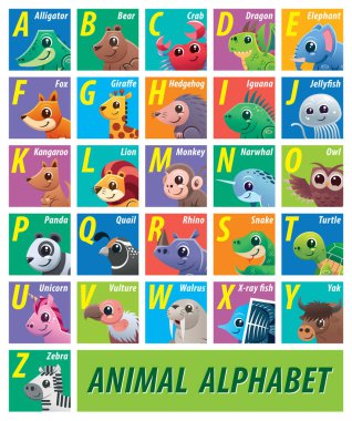 Çocuk eğitimi için hayvan alfabesinin vektör illüstrasyonu