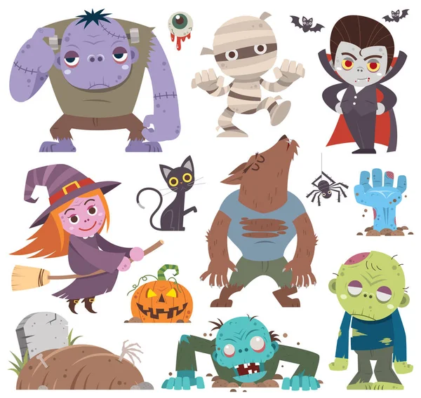 Ilustração Vetorial Cartoon Set Personagens Halloween Mamãe Zumbi Vampiro Bruxa —  Vetores de Stock