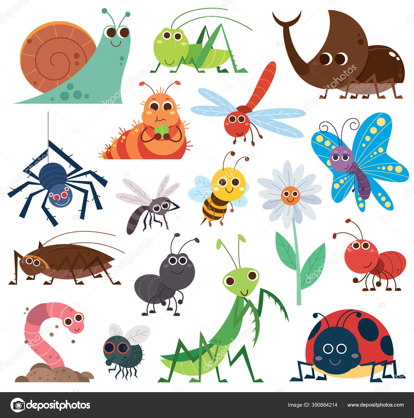 かわいい昆虫セットのベクトルイラスト 漫画の昆虫 カタツムリ ゴキブリ Stock Vector by ©sararoom 390884214