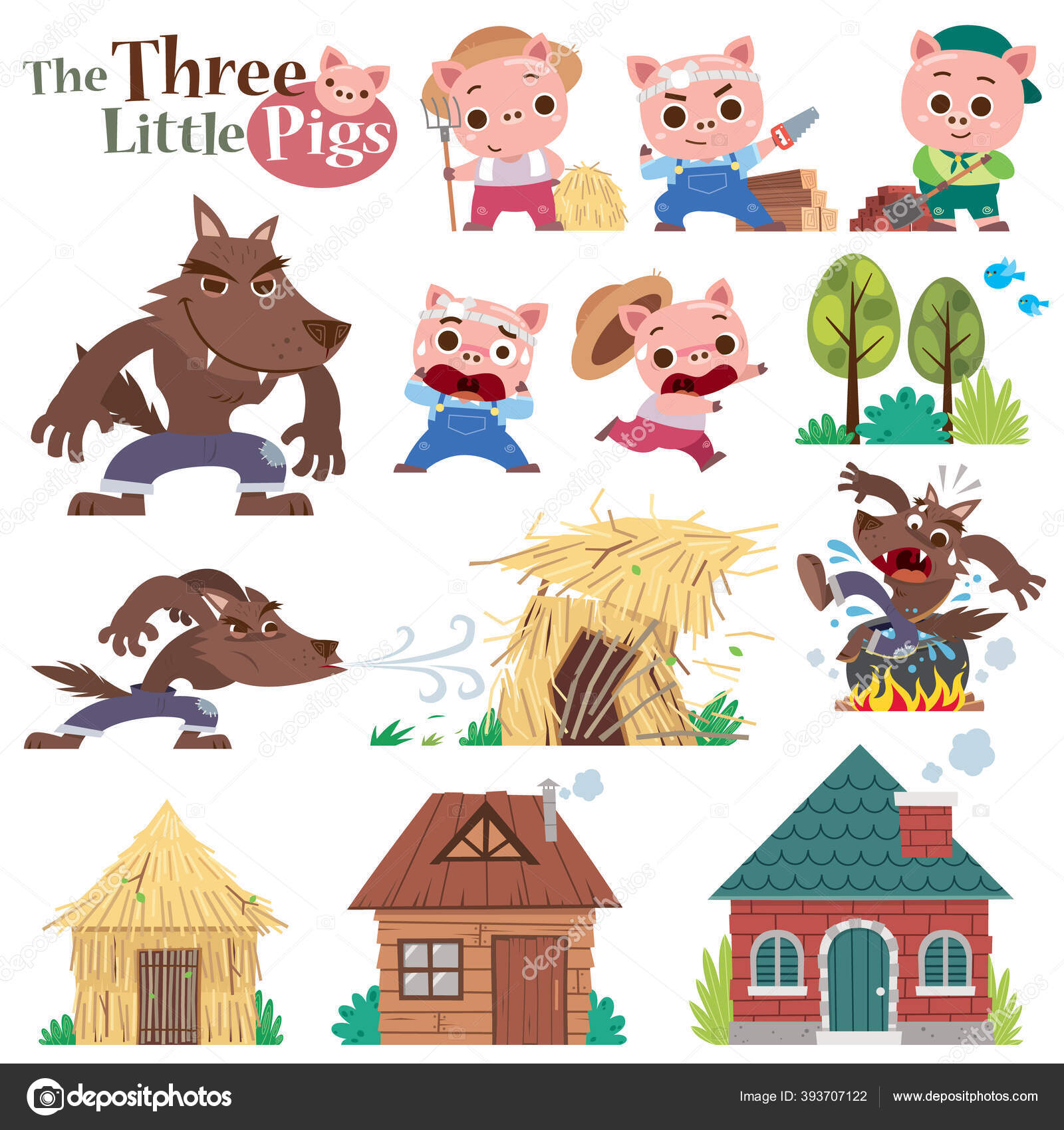 Векторная Иллюстрация Мультфильма Три Поросенка Набор Милых.