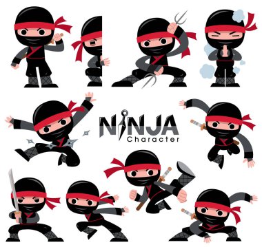 Çizgi film Ninja karakter setinin vektör illüstrasyonu. Dövüş pozları