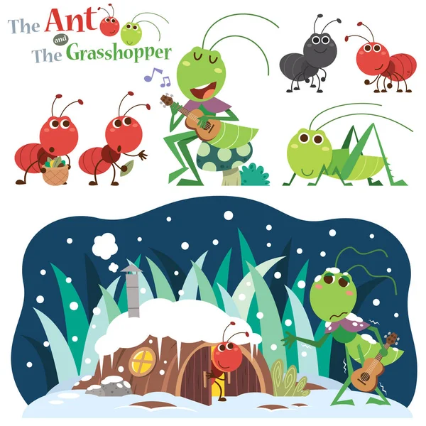 Vector Illustration Dari Ant Dan Grasshopper Karakter Dongeng - Stok Vektor