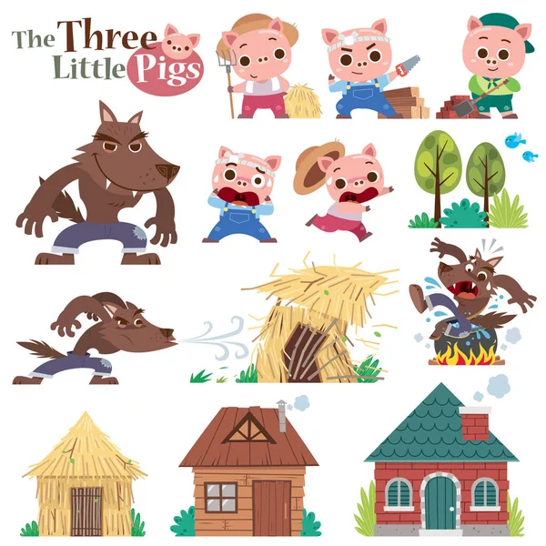 Vector Illustration Cartoon Three Little Pigs Set Cute Characters — Stock Vector