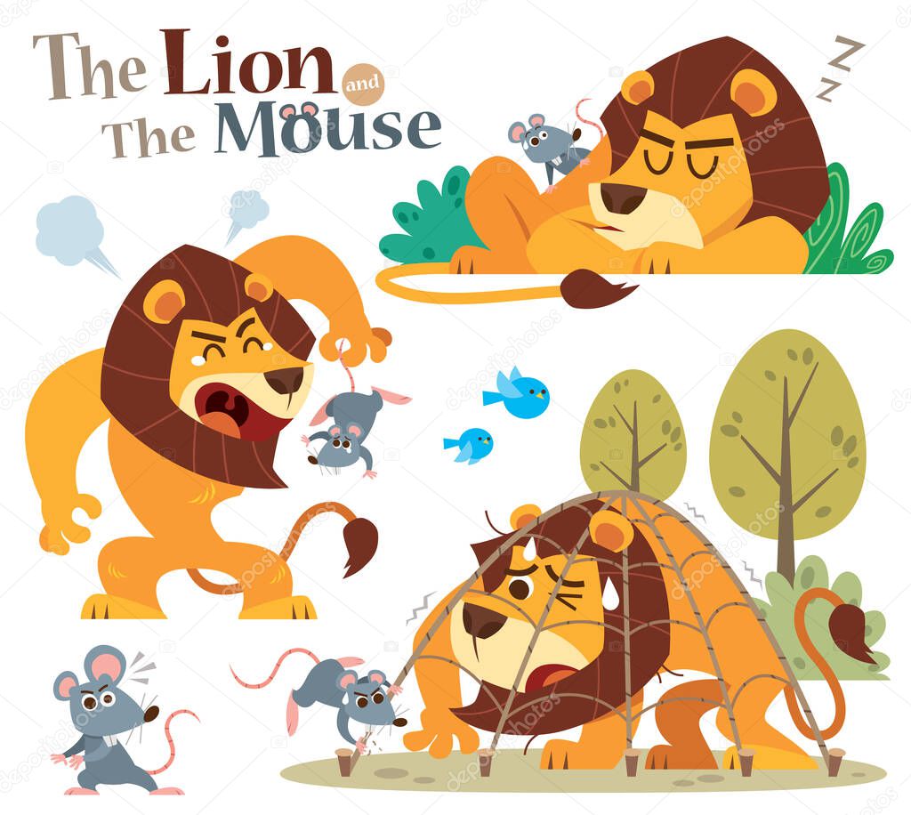 Vector Illustration of Cartoon Lion and Mouse. Fairy tale characters.