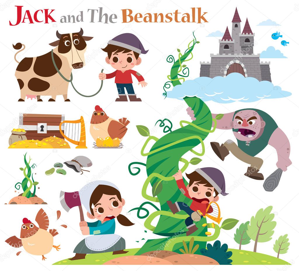 Vector Illustration of Cartoon characters Jack and the beanstalk. Fairy tale characters set.