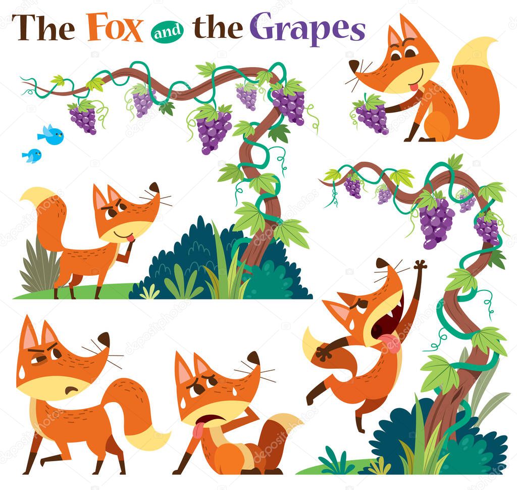 Vector Illustration of Cartoon characters The Fox and the Grapes. Children's Fairy tale.