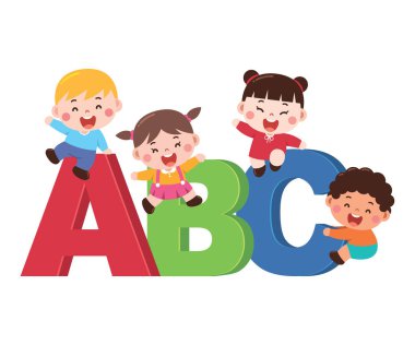 ABC Alfabesini Öğrenen Mutlu Çocuklar Çizgi Film İllüstrasyonu