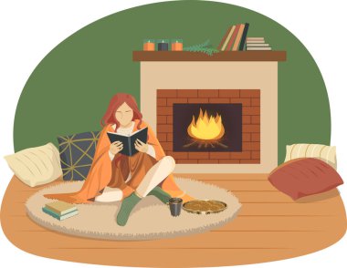 Bir fincan çayı olan bir kız ekose altında yatıyor. Sonbahar illüstrasyon vektörü.