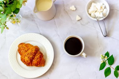 Mermer arka planda kruvasan ve kahve. Çiçekler. Kahvaltı.