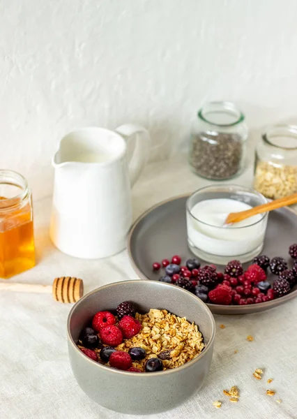 Granola med bär, yoghurt och honung. Hallon, blåbär, vinbär. — Stockfoto