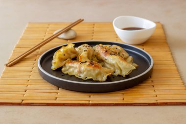 Soya soslu kızarmış hamur köftesi. Gyoza. Sağlıklı beslenme. Vejetaryen yemeği.