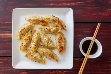 Soya soslu kızarmış hamur köftesi. Gyoza. Sağlıklı beslenme. Vejetaryen yemeği.