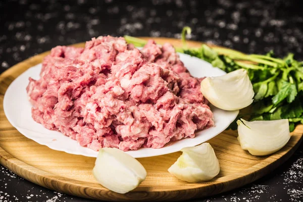 Raw minced pork on white plate — Stock Photo, Image