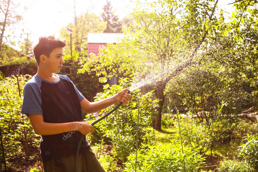 kid hands hold hose with squirting water on the summer sunny green garden