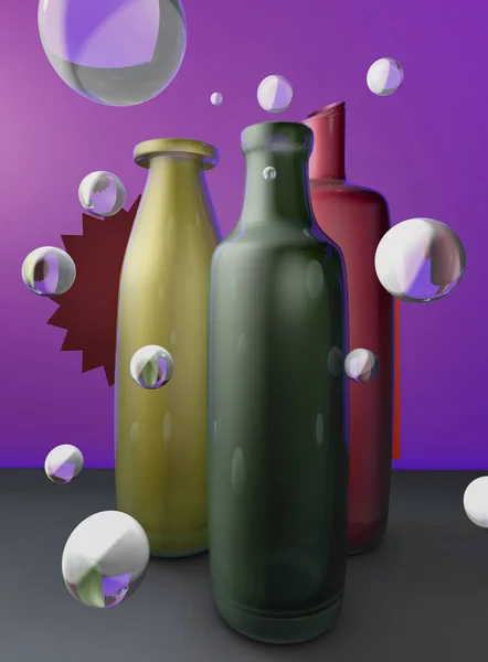 3d renderizar ilustração de arte de natureza morta com garrafas de cor na mesa — Fotografia de Stock