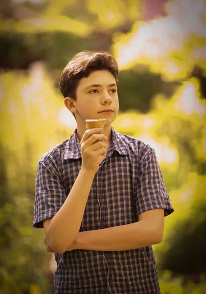 Schöner Teenager Junge mit Pistazien-Minze-Eskimo-Eis — Stockfoto