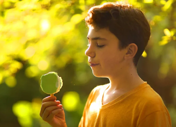 Όμορφος έφηβος αγόρι με Εσκιμώος παγωτό φιστίκι μέντα — Φωτογραφία Αρχείου