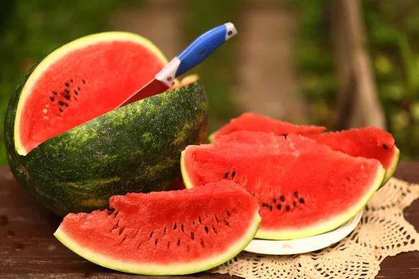 Érett Nagy Víz Melon Csendélet Vágni Késsel Zöld Kert Háttér — Stock Fotó