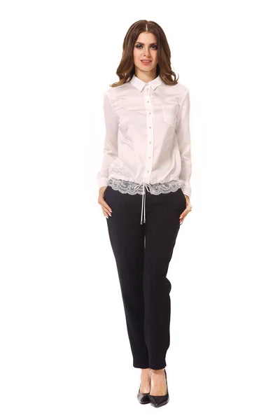 Mujer Negocios Caucásica Joven Ejecutivo Posando Blusa Oficial Blanca Pantalones — Foto de Stock