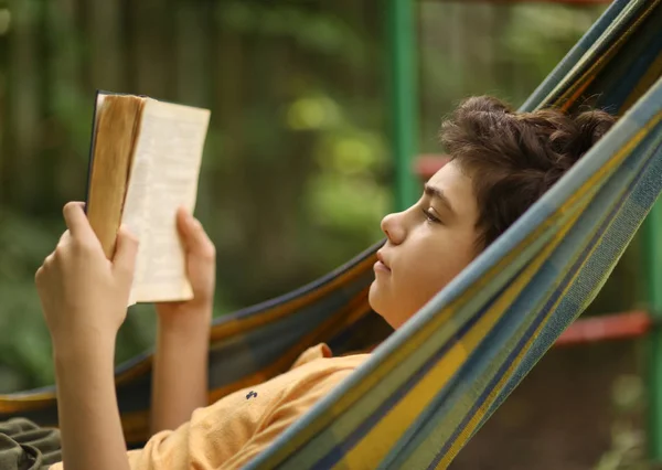 Teenager Boy Sleeping While Reading Hammock Summer Garden Background — Stock Photo, Image