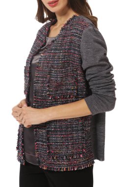 Yün sıradan gri sonbahar ceket modeli yakın çekim fotoğraf üzerinde beyaz arkadan görünüm izole