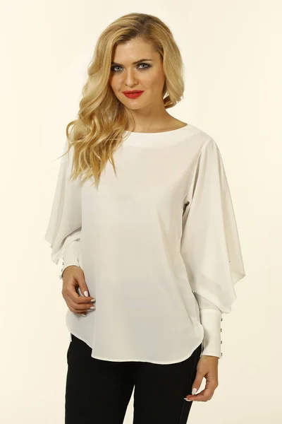 Blond Woman Red Lipstick White Long Sleeve Formal Blouse Close — Stock Photo, Image