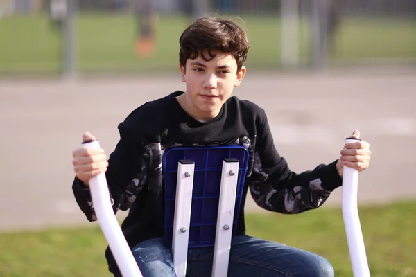 Teenager Boy Training Arm Biceps Outdoor Gym City Park Close — Stock Photo, Image