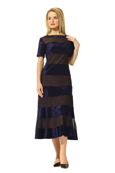 Blond Geschäftsfrau Manager Posiert Cocktail Formale Kurzarm Blau Formale Kleid — Stockfoto