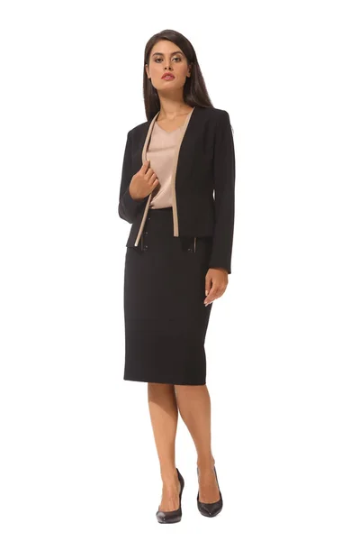 Indische Geschäftsfrau Schwarzem Offiziellen Anzug Rock Jacke High Heels Stiletto — Stockfoto