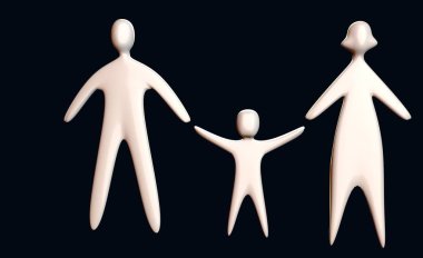 3D aile illüstrasyon anne baba ve oğlu tam vücut ele tutuşsun siyah izole