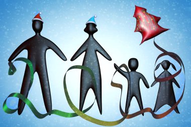 3D siyah afro Amerikan aile anne baba ve çocuk oğlu kızı chirstmas ağaç balon illüstrasyon tam vücut beyaz 2019 izole ile Noel Baba şapkalı