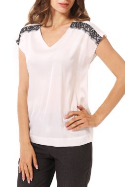 resmi uzun kollu beyaz dantel bluz modeli kız öğrenci genç kadınla yakın çekim fotoğraf üzerinde beyaz izole